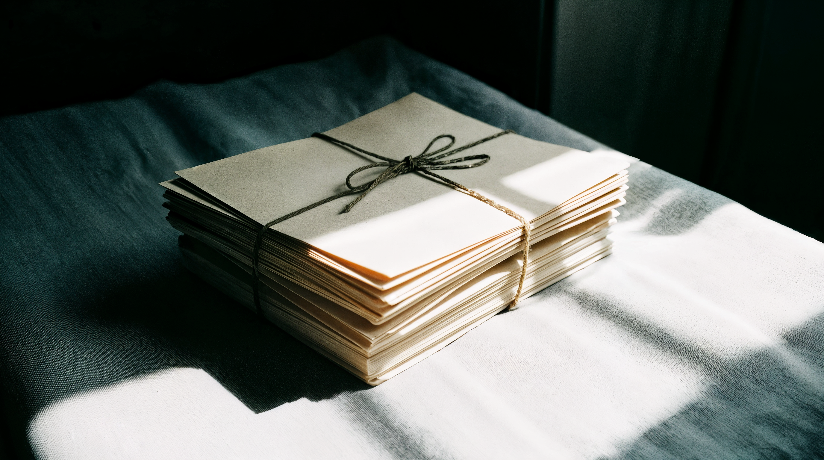 Stack of bound case files tied with twine on a linen surface